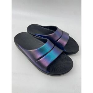 OOFOS Slide Sandal Women 9 Purple OOlala Luxe Iridescent Recovery Comfort Shoes